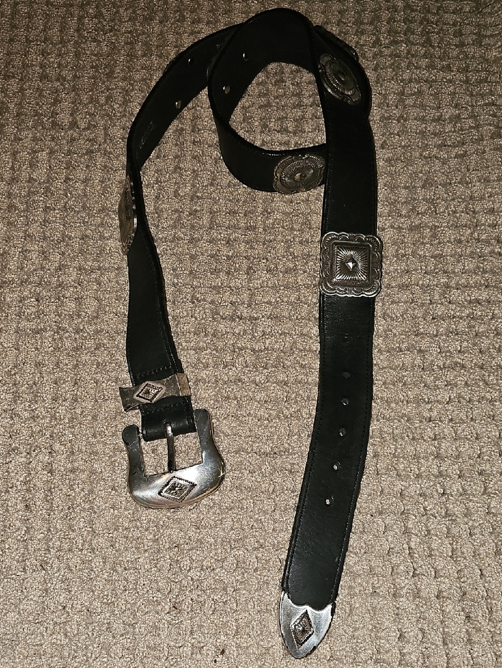 VINTAGE Black Women’s Bison Leather Belt with Silver Western Accents
